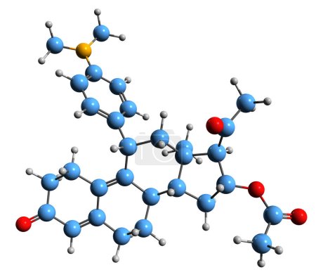 Foto de Imagen 3D de la fórmula esquelética del acetato de Ulipristal - estructura química molecular de la anticoncepción de emergencia aislada sobre fondo blanco - Imagen libre de derechos