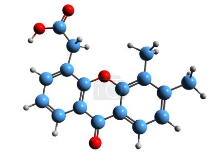Téléchargez les photos : Image 3D de la formule squelettique de Vadimezan - structure chimique moléculaire de l'agent perturbateur vasculaire tumoral acide diméthylxanthone acétique isolé sur fond blanc - en image libre de droit