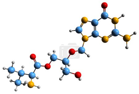 Téléchargez les photos : Image 3D de la formule squelettique du valganciclovir - structure chimique moléculaire du médicament antiviral isolé sur fond blanc - en image libre de droit