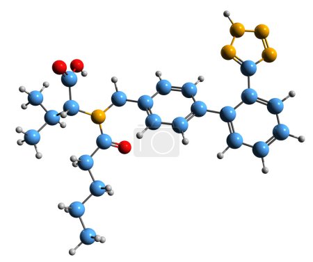Foto de Imagen 3D de la fórmula esquelética de Valsartán - estructura química molecular de la medicación para la presión arterial alta aislada sobre fondo blanco - Imagen libre de derechos
