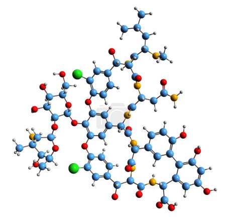 Téléchargez les photos : Image 3D de la formule squelettique de la vancomycine - structure chimique moléculaire du médicament antibiotique glycopeptide isolé sur fond blanc - en image libre de droit