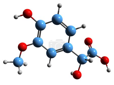 Foto de Imagen 3D de la fórmula esquelética del ácido vanililmandélico - estructura química molecular del ácido vanilmandélico químico intermedio VMA aislado sobre fondo blanco - Imagen libre de derechos