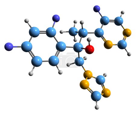 Foto de Imagen 3D de la fórmula esquelética de Voriconazol: estructura química molecular de la medicación antifúngica aislada sobre fondo blanco - Imagen libre de derechos