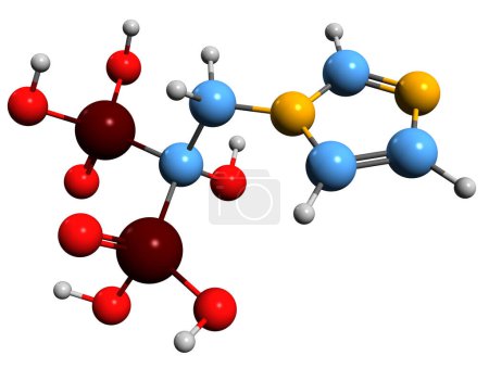 Foto de Imagen 3D de la fórmula esquelética del ácido zoledrónico - estructura química molecular de las enfermedades óseas medicamento zoledronato aislado sobre fondo blanco - Imagen libre de derechos