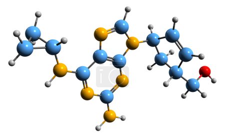 Téléchargez les photos : Image 3D de la formule squelettique de l'abacavir - structure chimique moléculaire du médicament contre le VIH / sida isolé sur fond blanc - en image libre de droit