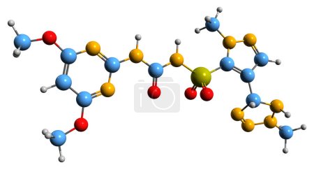 Téléchargez les photos : Image 3D de la formule squelettique de l'azimsulfuron - structure chimique moléculaire de l'herbicide isolé sur fond blanc - en image libre de droit