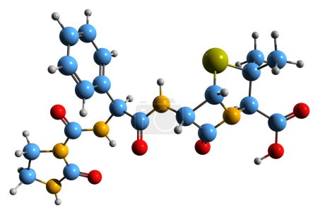 Téléchargez les photos : Image 3D de la formule squelettique de l'azlocilline - structure chimique moléculaire de l'antibiotique acylampicilline isolé sur fond blanc - en image libre de droit