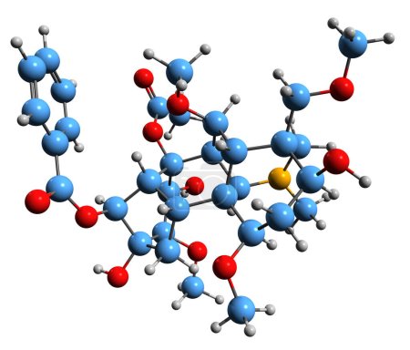 Téléchargez les photos : Image 3D de la formule squelettique d'Aconitine - structure chimique moléculaire de la toxine alcaloïde isolée sur fond blanc - en image libre de droit