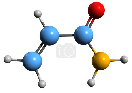 Imagen 3D de la fórmula esquelética de acrilamida - estructura química molecular de la Prop-2-enamida aislada sobre fondo blanco