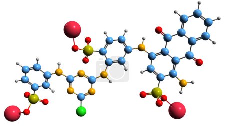 Téléchargez les photos : Image 3D de la formule squelettique K bleu vif réactive - structure chimique moléculaire du colorant anthraquinone isolé sur fond blanc - en image libre de droit