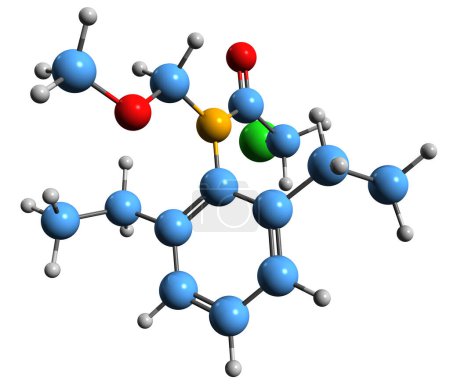 Téléchargez les photos : Image 3D de la formule squelettique de l'alachlore - structure chimique moléculaire de l'herbicide isolé sur fond blanc - en image libre de droit
