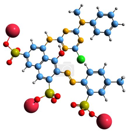 Téléchargez les photos : Image 3D de la formule squelettique 6C rouge vif réactive - structure chimique moléculaire du colorant de tissu anthraquinone isolé sur fond blanc - en image libre de droit