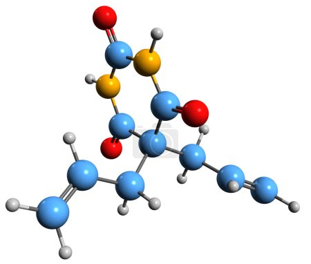 Téléchargez les photos : Image 3D de la formule squelettique de l'allobarbital - structure chimique moléculaire de l'allobarbitone isolé sur fond blanc - en image libre de droit