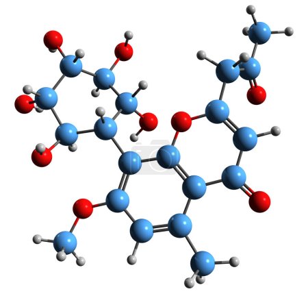 Téléchargez les photos : Image 3D de la formule squelettique de l'aloesine - structure chimique moléculaire de la résine d'aloès B isolée sur fond blanc - en image libre de droit