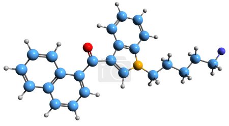 Téléchargez les photos : Image 3D de la formule squelettique AM-2201 - structure chimique moléculaire d'un médicament récréatif de synthèse isolé sur fond blanc - en image libre de droit