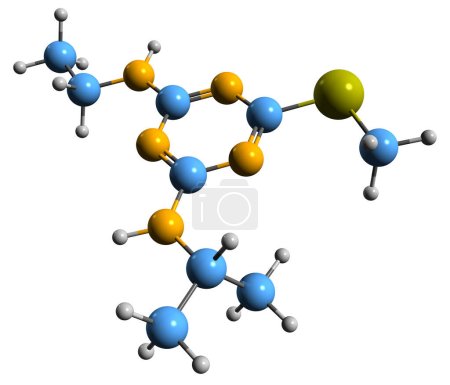 Téléchargez les photos : Image 3D de la formule squelettique d'Ametryn - structure chimique moléculaire de l'herbicide isolé sur fond blanc - en image libre de droit