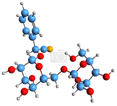 Téléchargez les photos : Image 3D de la formule squelettique de l'amygdaline - structure chimique moléculaire du glycoside cyanogénique isolé sur fond blanc - en image libre de droit
