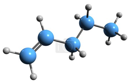 Téléchargez les photos : Image 3D de la formule squelettique 1-pentène - structure chimique moléculaire des hydrocarbures alcalins isolés sur fond blanc - en image libre de droit