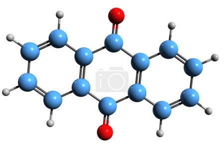  Imagen 3D de la fórmula esquelética de antraquinona: estructura química molecular del compuesto orgánico aromático aislado sobre fondo blanco