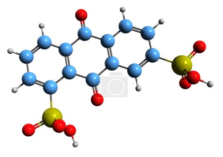 Téléchargez les photos : Image 3D de la formule squelettique de l'acide disulfonique anthraquinone - structure chimique moléculaire du colorant anthraquinone pinacryptol blanc isolé sur fond blanc - en image libre de droit
