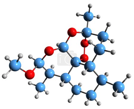 Foto de Imagen 3D de la fórmula esquelética de Artemether: estructura química molecular de la medicación antipalúdica aislada sobre fondo blanco - Imagen libre de derechos