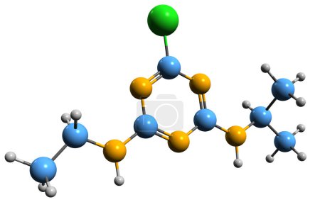 Foto de Imagen 3D de la fórmula esquelética de Atrazine - estructura química molecular del herbicida de la clase de triazina aislado sobre fondo blanco - Imagen libre de derechos