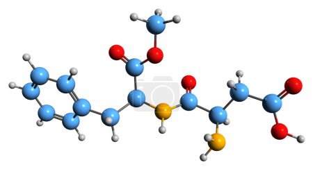 Foto de Imagen 3D de la fórmula esquelética de aspartamo - estructura química molecular del edulcorante no sacárido artificial metilo aislado sobre fondo blanco - Imagen libre de derechos