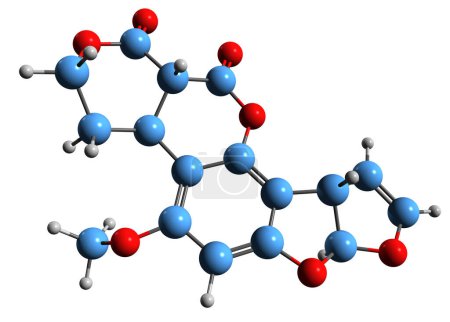 Foto de Imagen 3D de la fórmula esquelética de aflatoxina G1 - estructura química molecular de micotoxinas carcinógenas venenosas aisladas sobre fondo blanco - Imagen libre de derechos