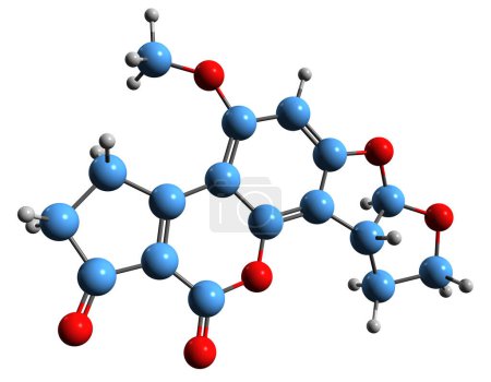 Foto de Imagen 3D de la fórmula esquelética de aflatoxina B2 - estructura química molecular de micotoxinas carcinógenas venenosas aisladas sobre fondo blanco - Imagen libre de derechos