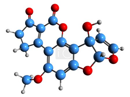Foto de Imagen 3D de la fórmula esquelética de aflatoxina M1 - estructura química molecular de micotoxinas carcinógenas venenosas aisladas sobre fondo blanco - Imagen libre de derechos