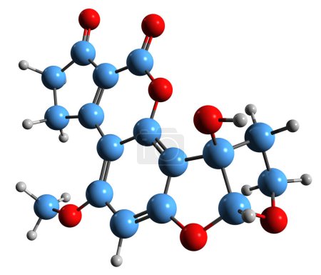 Foto de Imagen 3D de la fórmula esquelética de aflatoxina M2 - estructura química molecular de micotoxinas carcinógenas venenosas aisladas sobre fondo blanco - Imagen libre de derechos