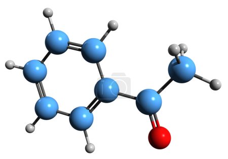  Image 3D de la formule squelettique de l'acétophénone - structure chimique moléculaire de la cétone aromatique isolée sur fond blanc