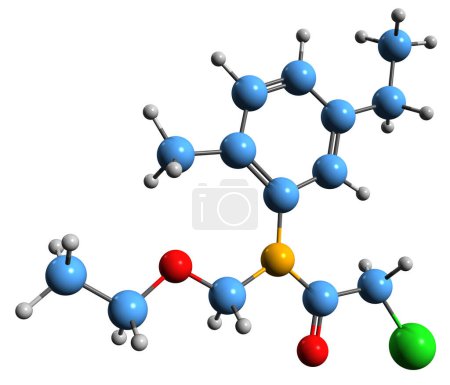 Téléchargez les photos : Image 3D de la formule squelettique de l'acétochlore - structure chimique moléculaire de l'herbicide isolé sur fond blanc - en image libre de droit