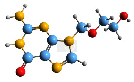Foto de Imagen 3D de la fórmula esquelética de Aciclovir - estructura química molecular de la medicación antiviral aislada sobre fondo blanco - Imagen libre de derechos