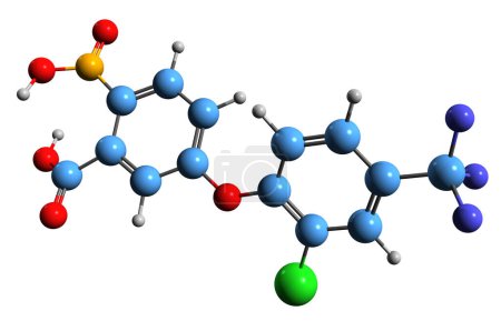 Téléchargez les photos : Image 3D de la formule squelettique de l'acifluorfène - structure chimique moléculaire de l'herbicide isolé sur fond blanc - en image libre de droit