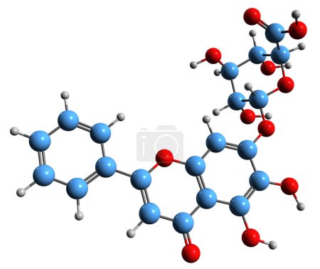 Foto de Imagen 3D de la fórmula esquelética de Baikalin - estructura química molecular de aislado sobre fondo blanco - Imagen libre de derechos