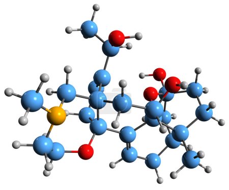 Téléchargez les photos : Image 3D de Batrachotoxine Une formule squelettique - structure chimique moléculaire de l'alcaloïde stéroïdien neurotoxique isolé sur fond blanc - en image libre de droit