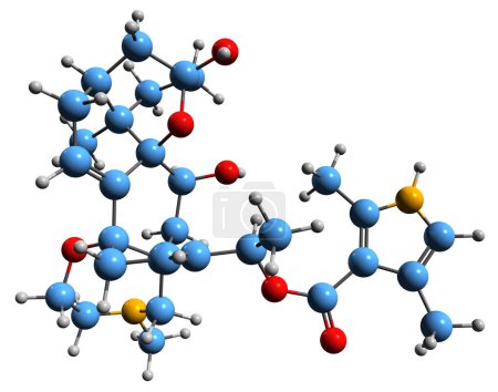 Foto de Imagen 3D de la fórmula esquelética de Batrachotoxin - estructura química molecular del alcaloide esteroideo neurotóxico aislado sobre fondo blanco - Imagen libre de derechos