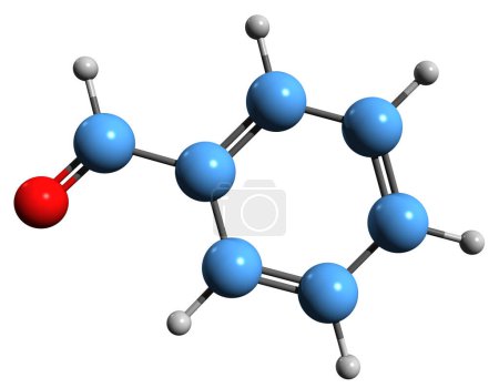 Foto de Imagen 3D de la fórmula esquelética del benzaldehído - estructura química molecular del benzenecarboxaldehído aislado sobre fondo blanco - Imagen libre de derechos