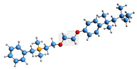 Foto de Imagen 3D de la fórmula esquelética de cloruro de benzetonio: estructura química molecular de la sal de amonio cuaternaria sintética aislada sobre fondo blanco - Imagen libre de derechos