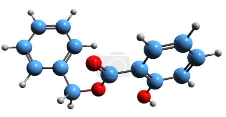 Foto de Imagen 3D de la fórmula esquelética de salicilato de bencilo - estructura química molecular del éster bencílico de ácido salicílico aislado sobre fondo blanco - Imagen libre de derechos