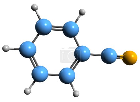 Téléchargez les photos : Image 3D de la formule squelettique du benzonitrile - structure chimique moléculaire du cyanobenzène isolé sur fond blanc - en image libre de droit