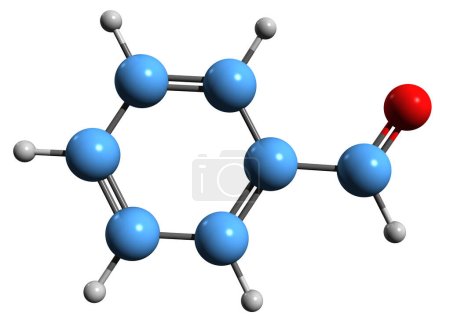  3D-Aufnahme der Benzaldehyd-Skelettformel - molekulare chemische Struktur des aromatischen Aldehyds isoliert auf weißem Hintergrund