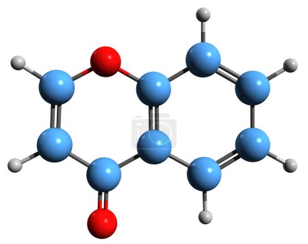 Téléchargez les photos : Image 3D de la formule squelettique de la benzopyrone - structure chimique moléculaire de la chromone isolée sur fond blanc - en image libre de droit