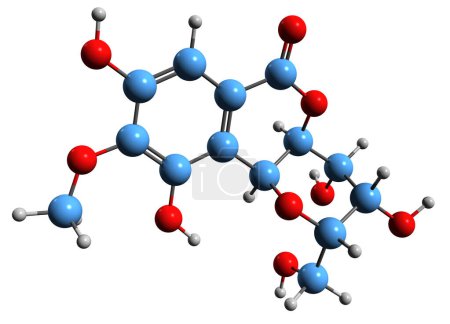Téléchargez les photos : Image 3D de la formule squelettique de la bergénine - structure chimique moléculaire de la cuscutine trihydroxybenzoïque glycoside isolée sur fond blanc - en image libre de droit
