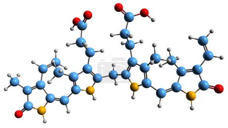 Téléchargez les photos : Image 3D de la formule squelettique de la bilirubine - structure chimique moléculaire du pigment biliaire tétrapyrrolique rouge isolé sur fond blanc - en image libre de droit