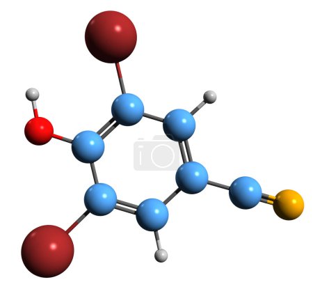 Téléchargez les photos : Image 3D de la formule squelettique du bromoxynil - structure chimique moléculaire de l'herbicide nitrile isolé sur fond blanc - en image libre de droit