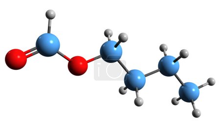 Foto de Imagen 3D de la fórmula esquelética del formiato de butilo - estructura química molecular del agente aromatizante Metanoato de butilo aislado sobre fondo blanco - Imagen libre de derechos