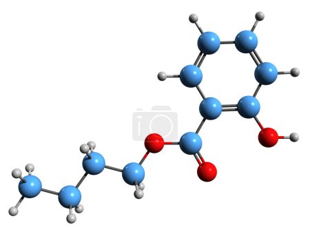 Foto de Imagen 3D de la fórmula esquelética de salicilato de butilo: estructura química molecular del agente de fragancia Butyl 2-hydroxybenzoate aislado sobre fondo blanco - Imagen libre de derechos