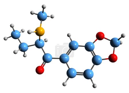Téléchargez les photos : Image 3D de la formule squelettique de Butylone - structure chimique moléculaire de l'entactogène psychédélique isolé sur fond blanc - en image libre de droit